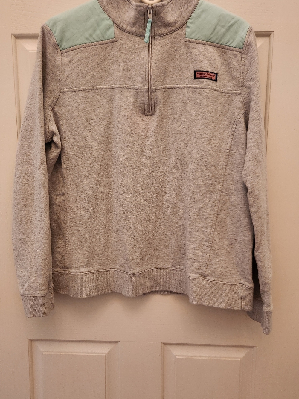 Vineyard Vines Heather Gray Quarter-Zip Pullover with Light Aqua Shoulder Panels